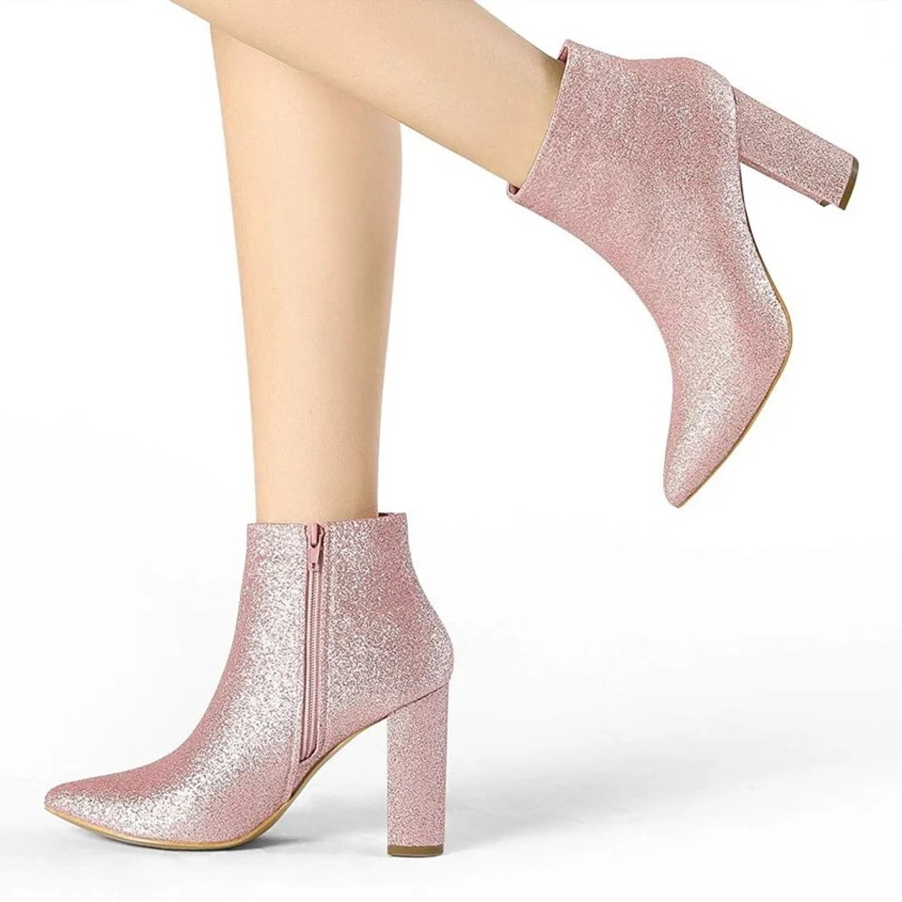 NEW Allegra K Pink Glitter Pointed Toe Chunky Heel Ankle Boots | Women | 7